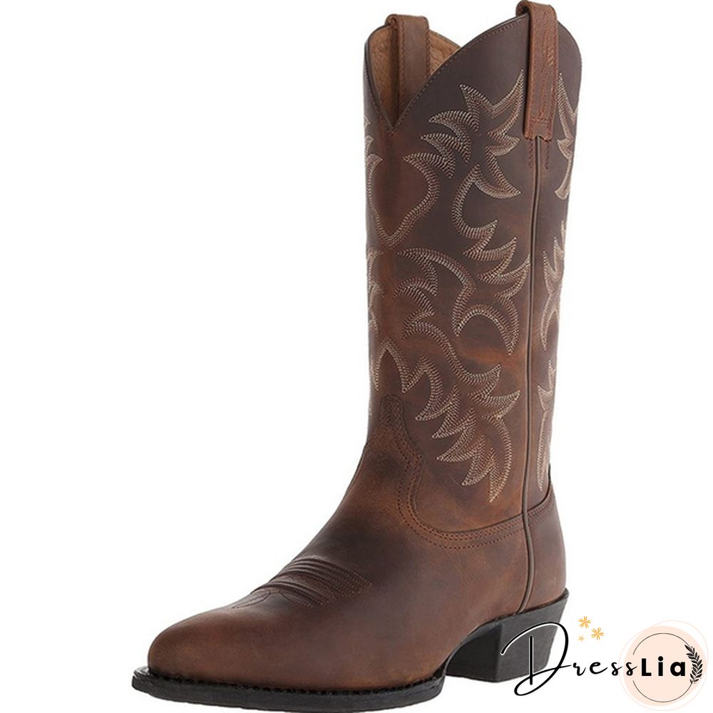 Mens Vintage Leather Mid Calf Boots Pointed Toe Western Cowboy Boots Man Retro Knee High Talll Boots Riding Boots Big Size 38-48 Botas