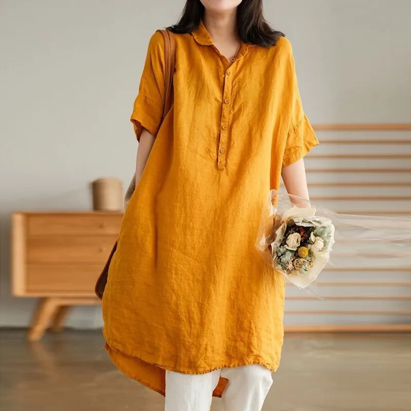 Athvotar And Art Simple White Linen Shirt Women's Long 2025 Summer Thin Loose Middle-Sleeved Doll Collar Top