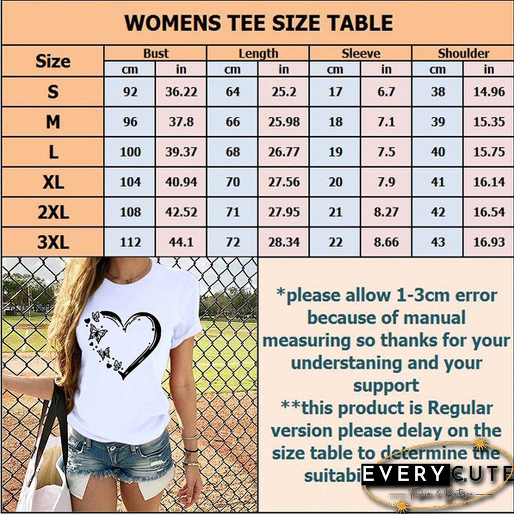 New Ladies Heart-shaped Print Short-sleeved T-shirt Fashion Round Neck T-shirt Womenu3002