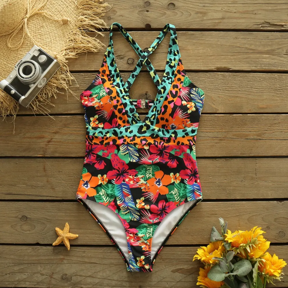 2022 New Sexy One Piece Swimsuit Female Leopard Floral Women Swimwear  Bathing Suits Bodysuits Beach Wear Deep V-neck Monokini