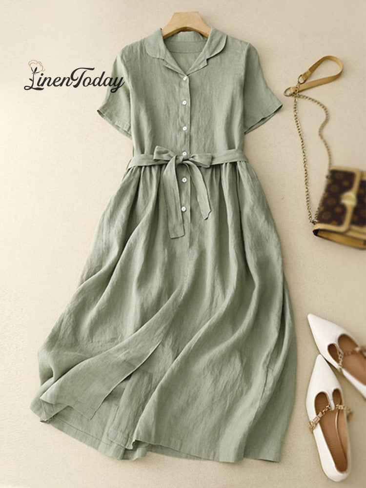 Women&rsquo;s Literary And Retro Temperament Belted Dress Green / M