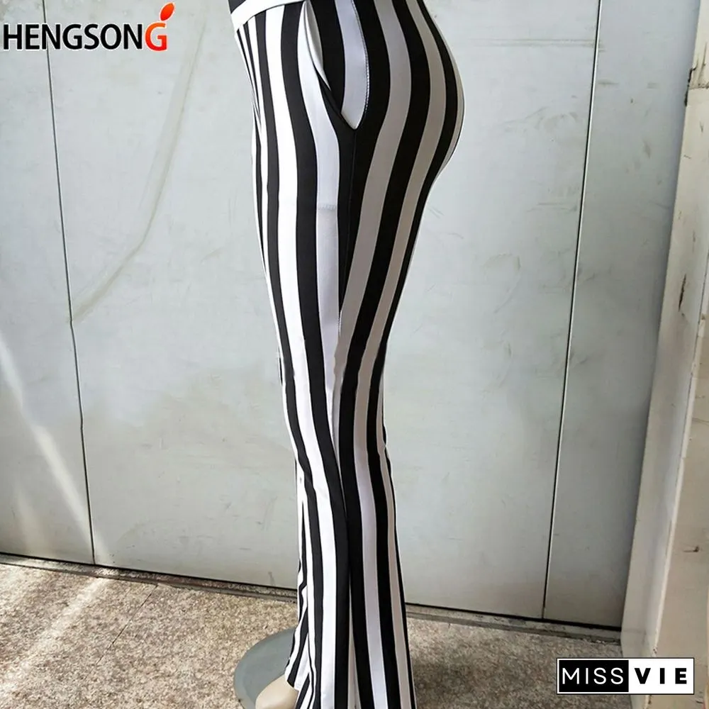 Striped Wide Leg Pant For Women Elastic High Waist Long Trouser Autumn Female Fashion Flare Pants OL Clothes