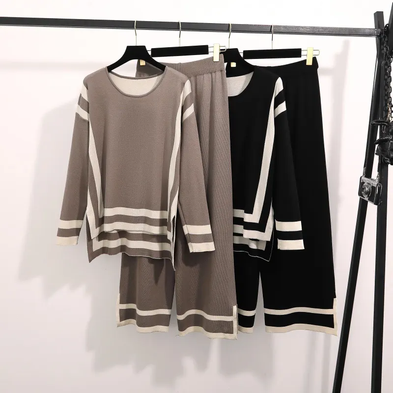 Uveng Uveng Fashion Simple Splicing Loose Long-Sleeved Top High Waist Thin Leg Pants Knitted Two-Set