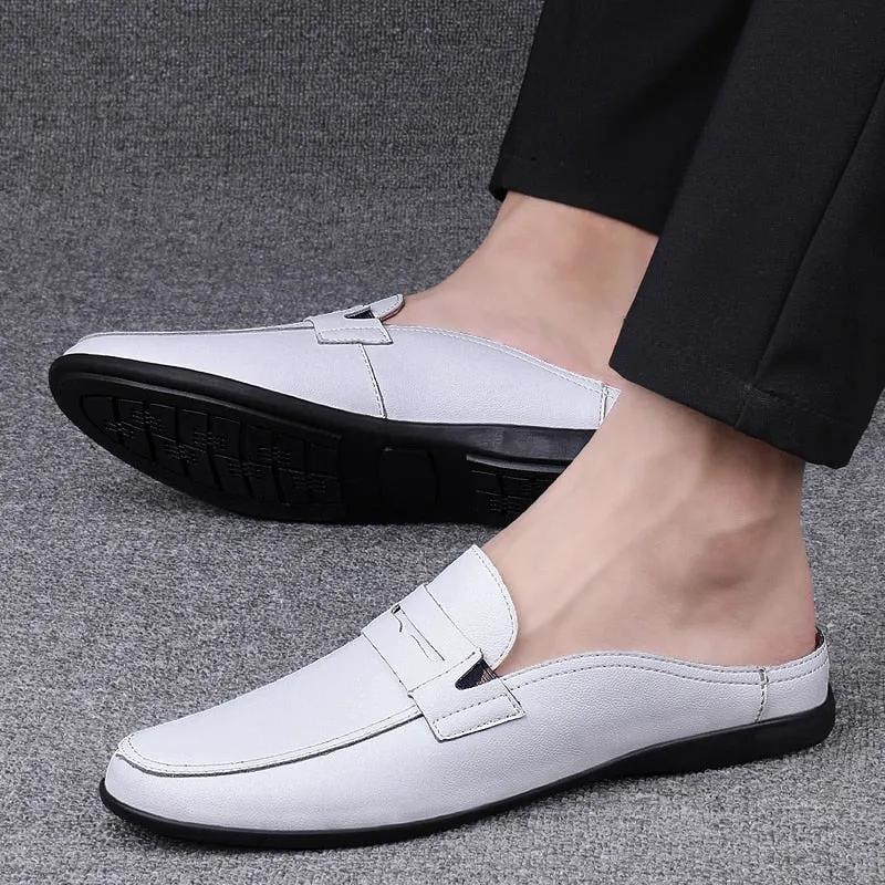 Summer New Men's Shoes Casual Half Shoes For Men Brand Loafers Leather Half Slipper Breathable Slip on Lazy Driving Shoes Men
