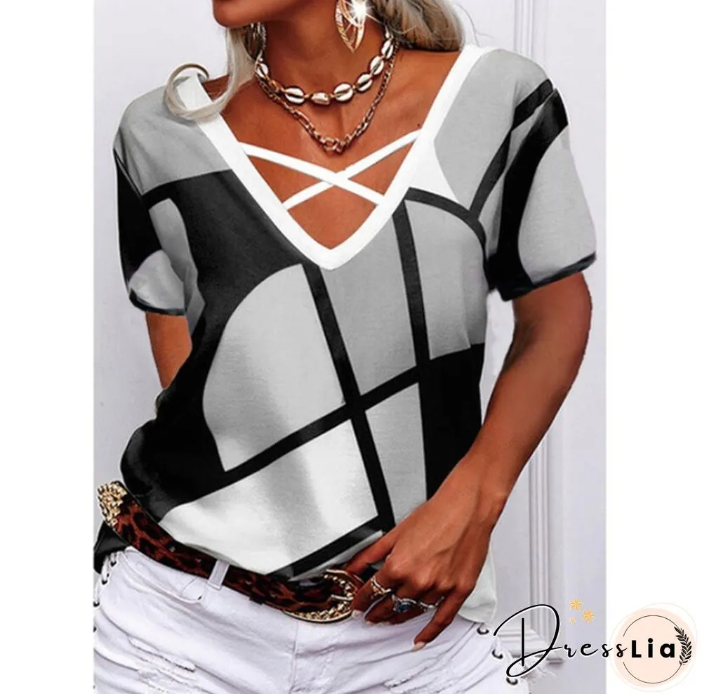 Summer New Fashion Women's Soft and Comfortable Short Sleeve V-neck Casual T-shirt Loos Plus Size Printed T-shirt S-5XL