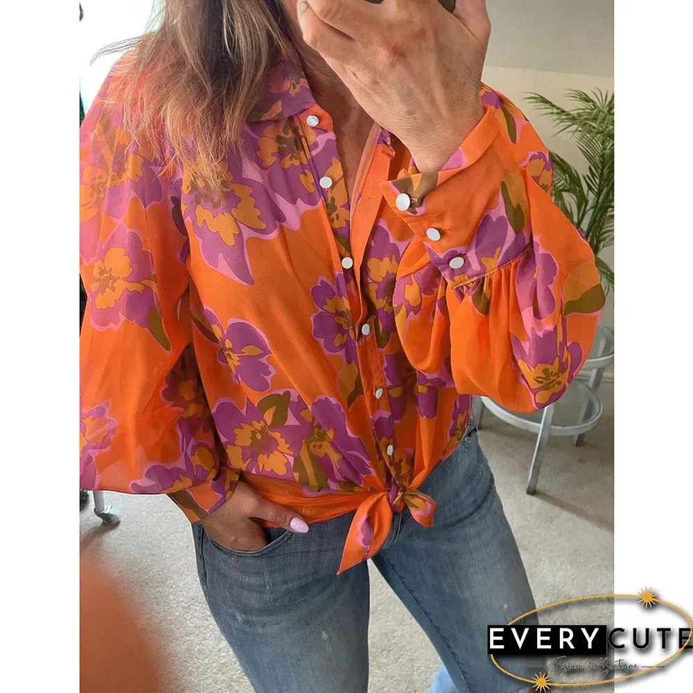 Orange Floral Chiffon Lantern Long Sleeve Blouse