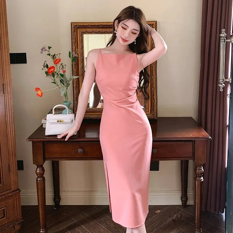 Brownm Summer Elegant Women Evening Dress Simple Solid Sexy Strap Slim Slit Midi Party Club Beach Prom Robe Femme Mujer Vestidos