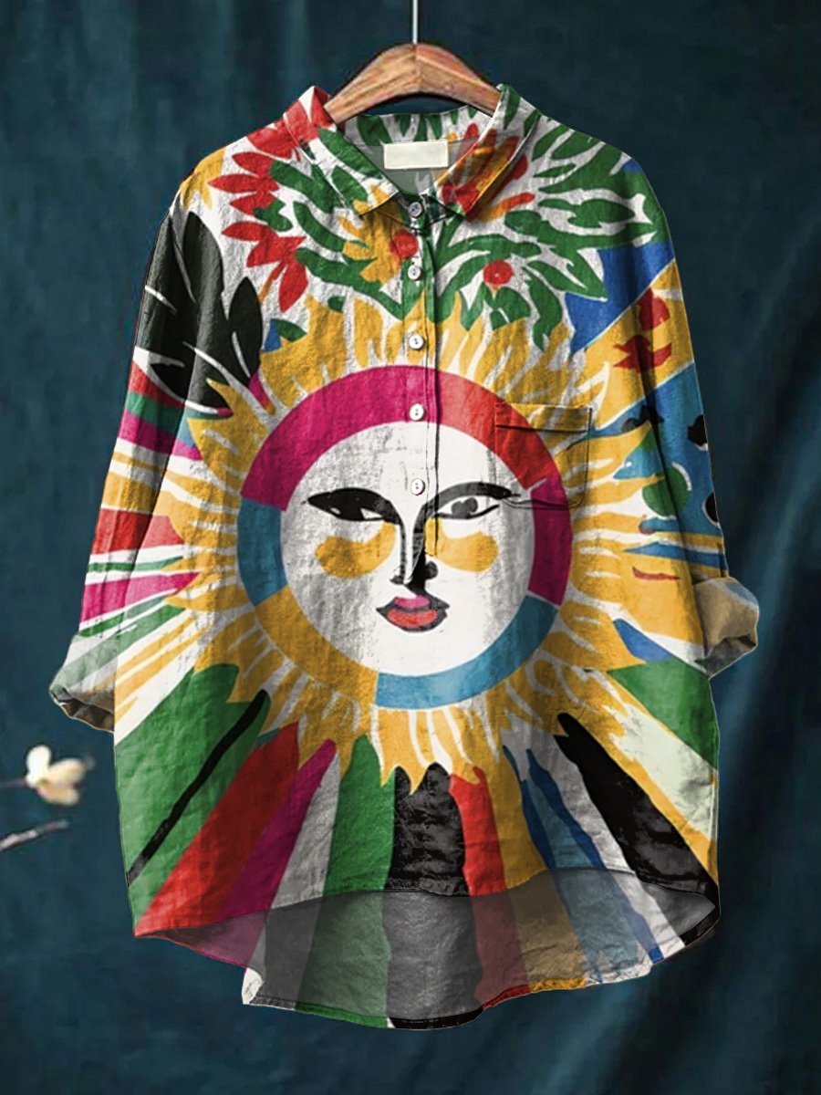 Women's Eclectic Sun Print Art Casual Cotton And Linen Shirt