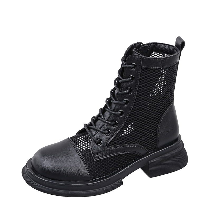 GOOSHOE Net Gauze Stitching PU Boots For Wear Platform Thick Heel Hollow Cross Lace Side Zipper Ankle Boots