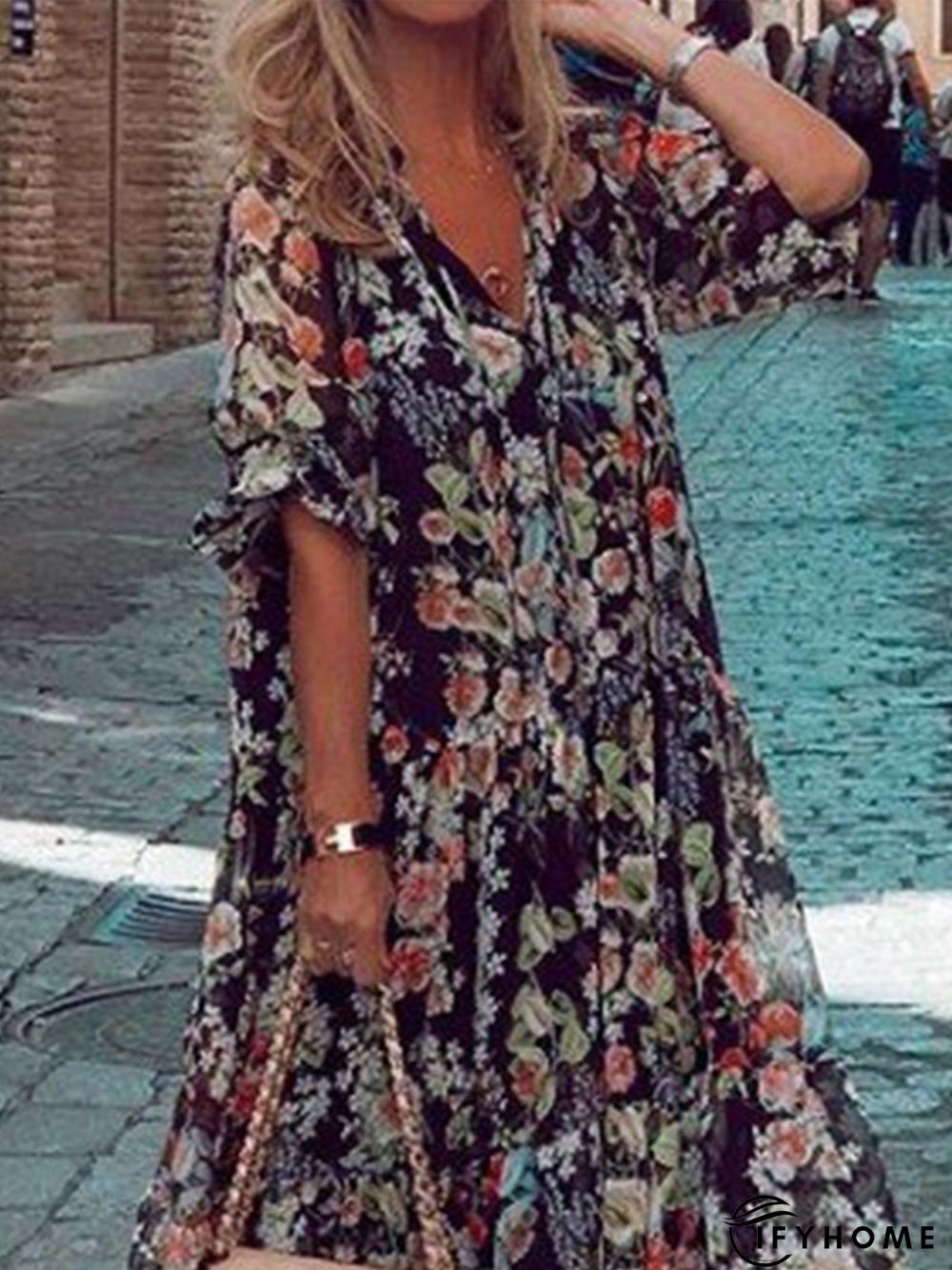 V Neck Jacquard Short Sleeve Weaving Dress | IFYHOME