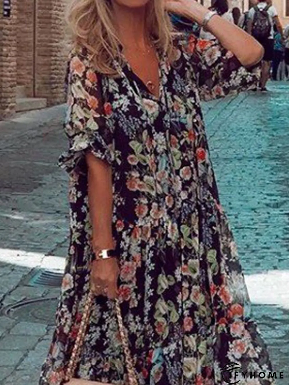 V Neck Jacquard Short Sleeve Weaving Dress | IFYHOME