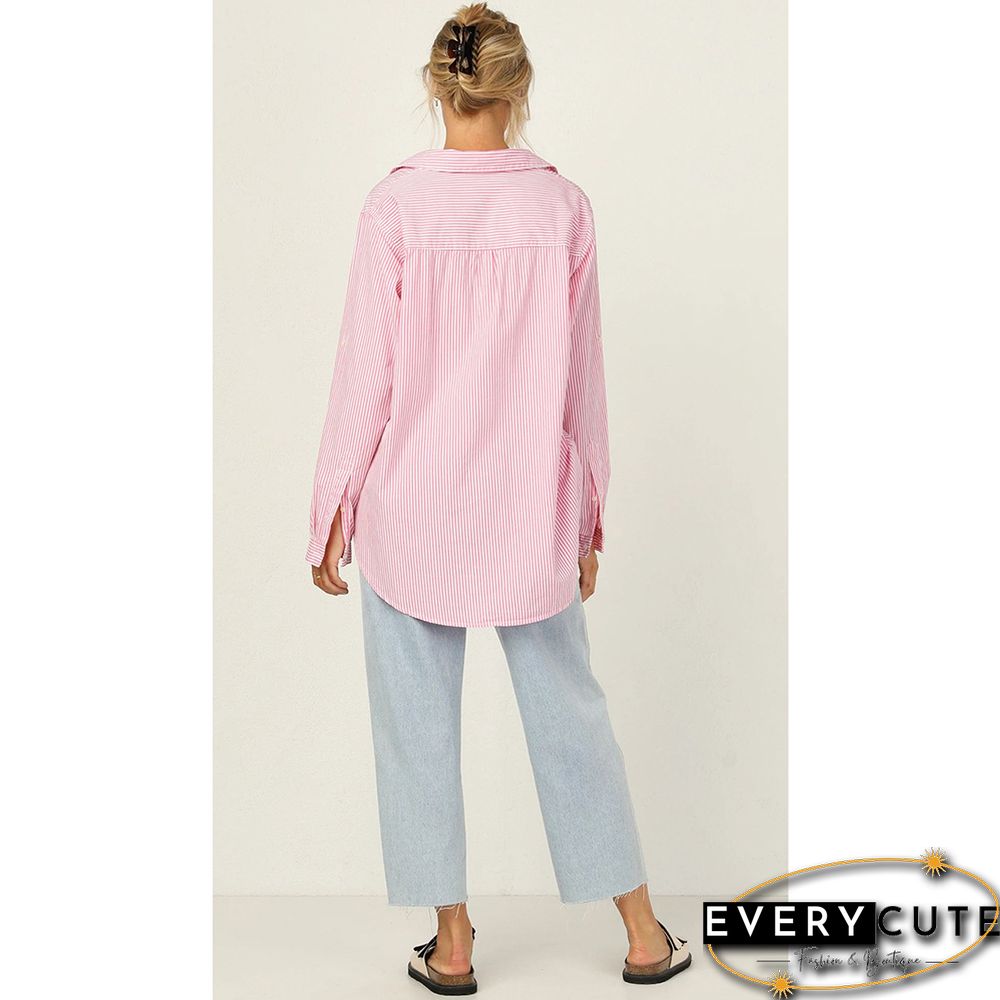 Pink Striped Print Button Long Sleeve Shirt