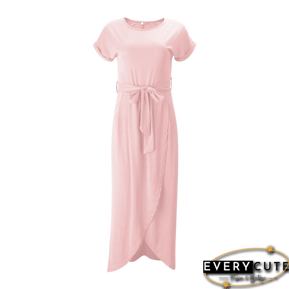 Solid Color Split-front Round-neck Maxi Dress
