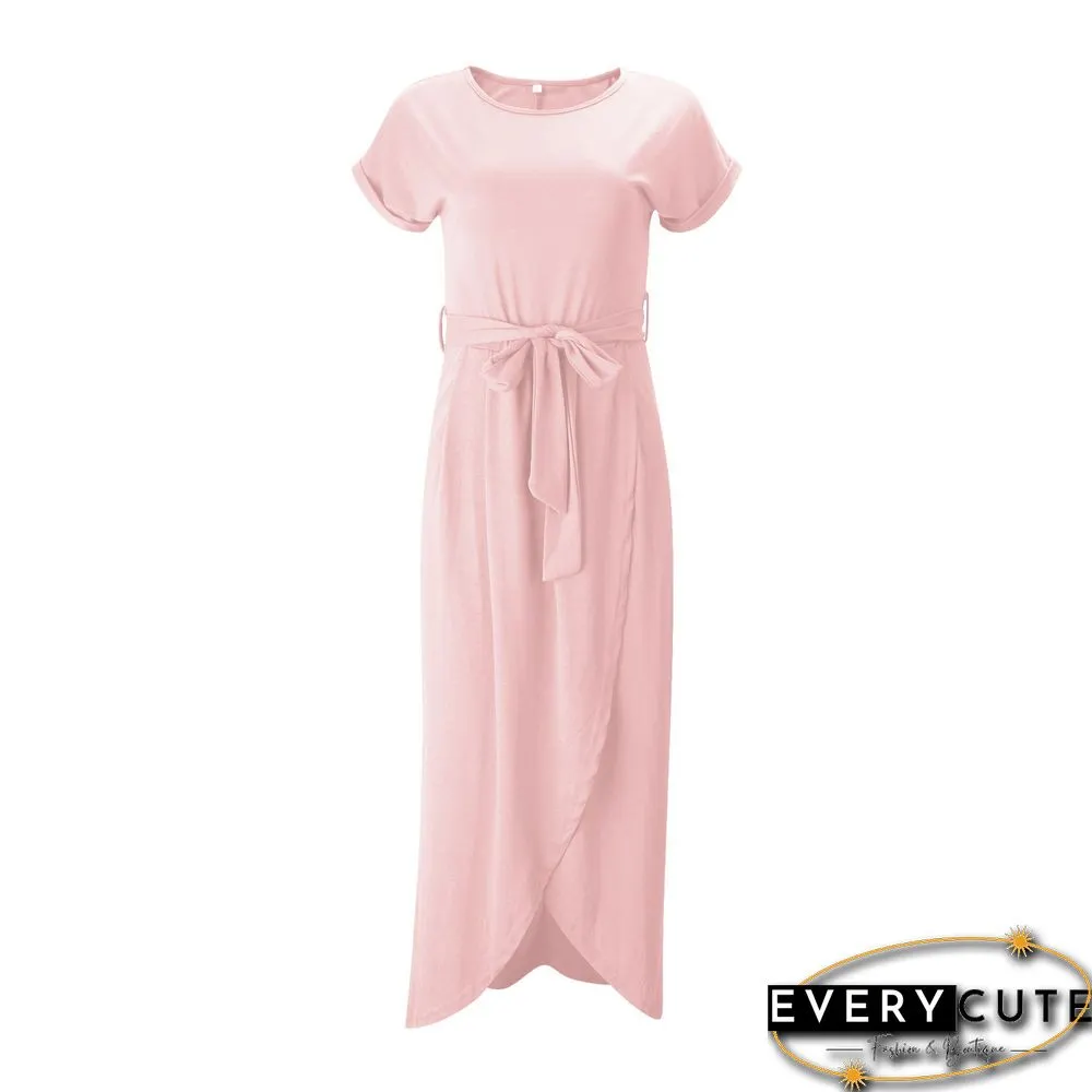 Solid Color Split-front Round-neck Maxi Dress