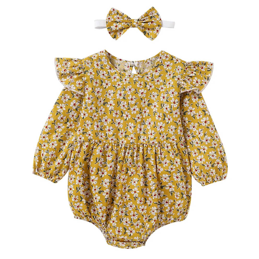 Infant Baby Girl 2Pcs Flower Printed Jumpsuit Set, Long Fly Sleeve Ruffled Hem Triangle Bodysuit with Headband Spring and Autumn
