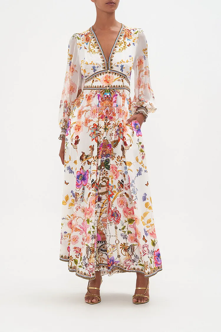 Floral V-Neck Puff Long Sleeve Maxi Dress