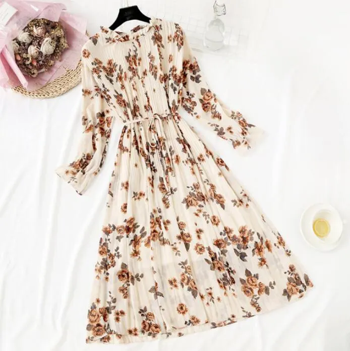 Polka Dot Print Women Chiffon Pleated Dress Sweet Flare Sleeve Party Dresses Casual Loose Lady Office Midi Dress Vestidos Mujer