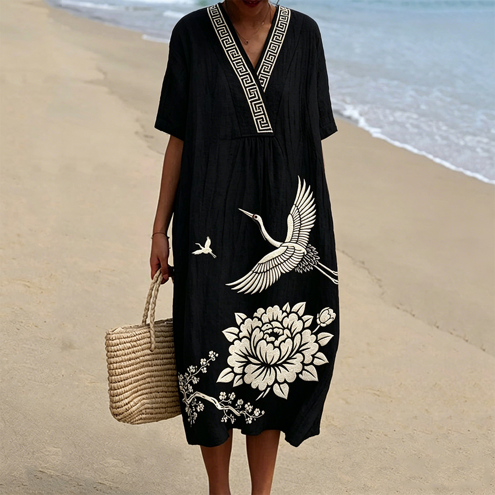 Japanese Style Floral Crane Art V Neck Linen Maxi Dress elevenforest