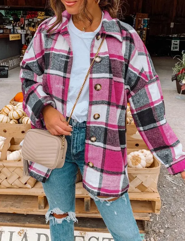 Plaid Button Pocket Long Sleeve Shirt Coat