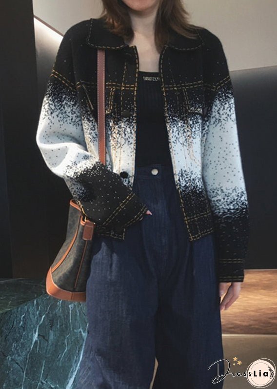 Gradient Color Blue Square Collar Button Wool Knit Coats Long Sleeve