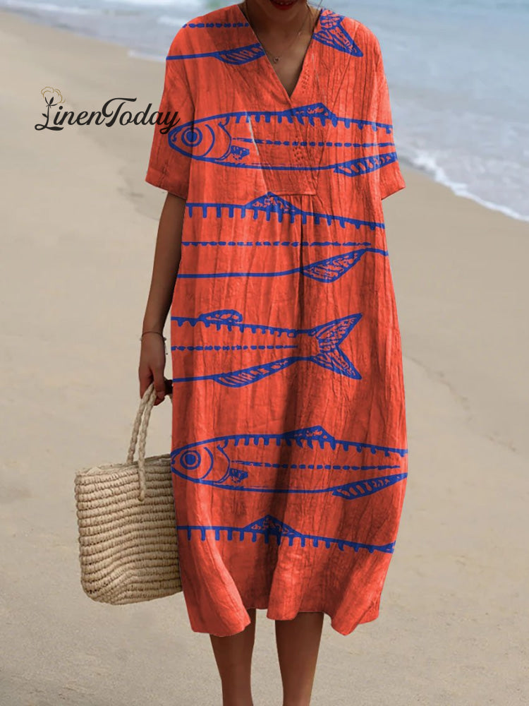 Women&rsquo;s Vintage Lovely Sardines Art Print Flowy Dress Red / S