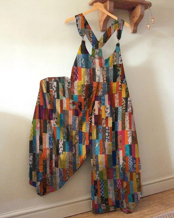 Floral Check Print Loose Jumpsuit