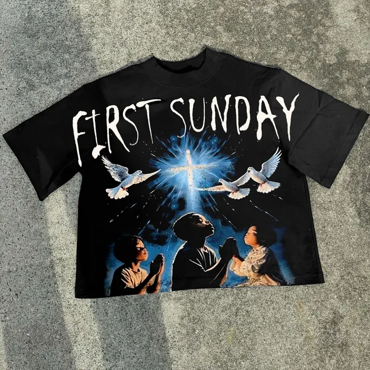 Retro First Sunday Faith Peace Dove Graphic Print Cotton Cropped T-Shirts
