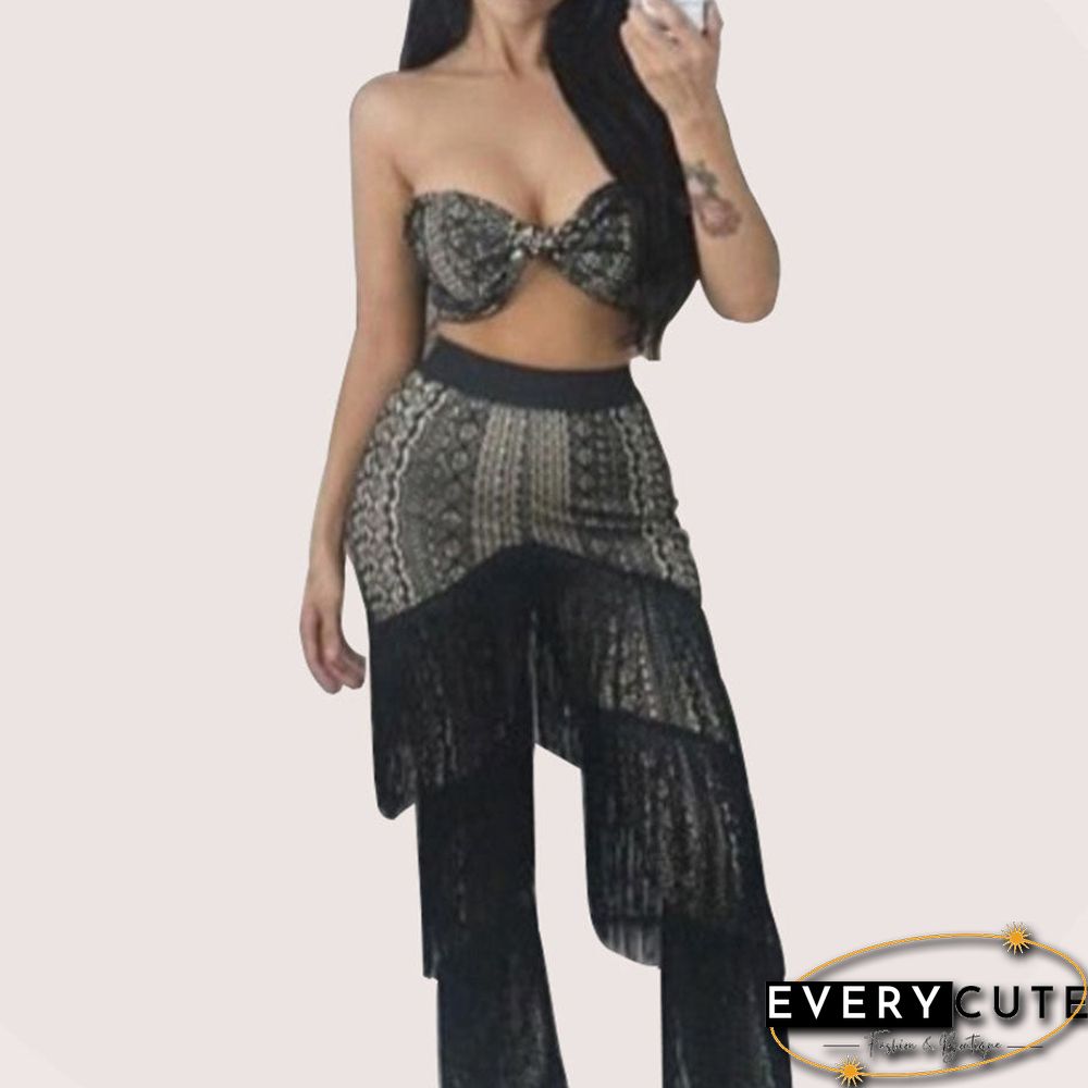 Front Tie Lace Bandeau Top & Flared Tassel Pants