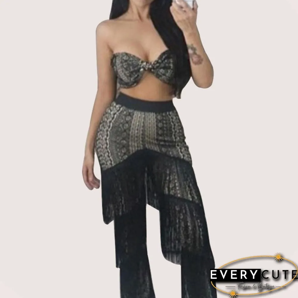 Front Tie Lace Bandeau Top & Flared Tassel Pants