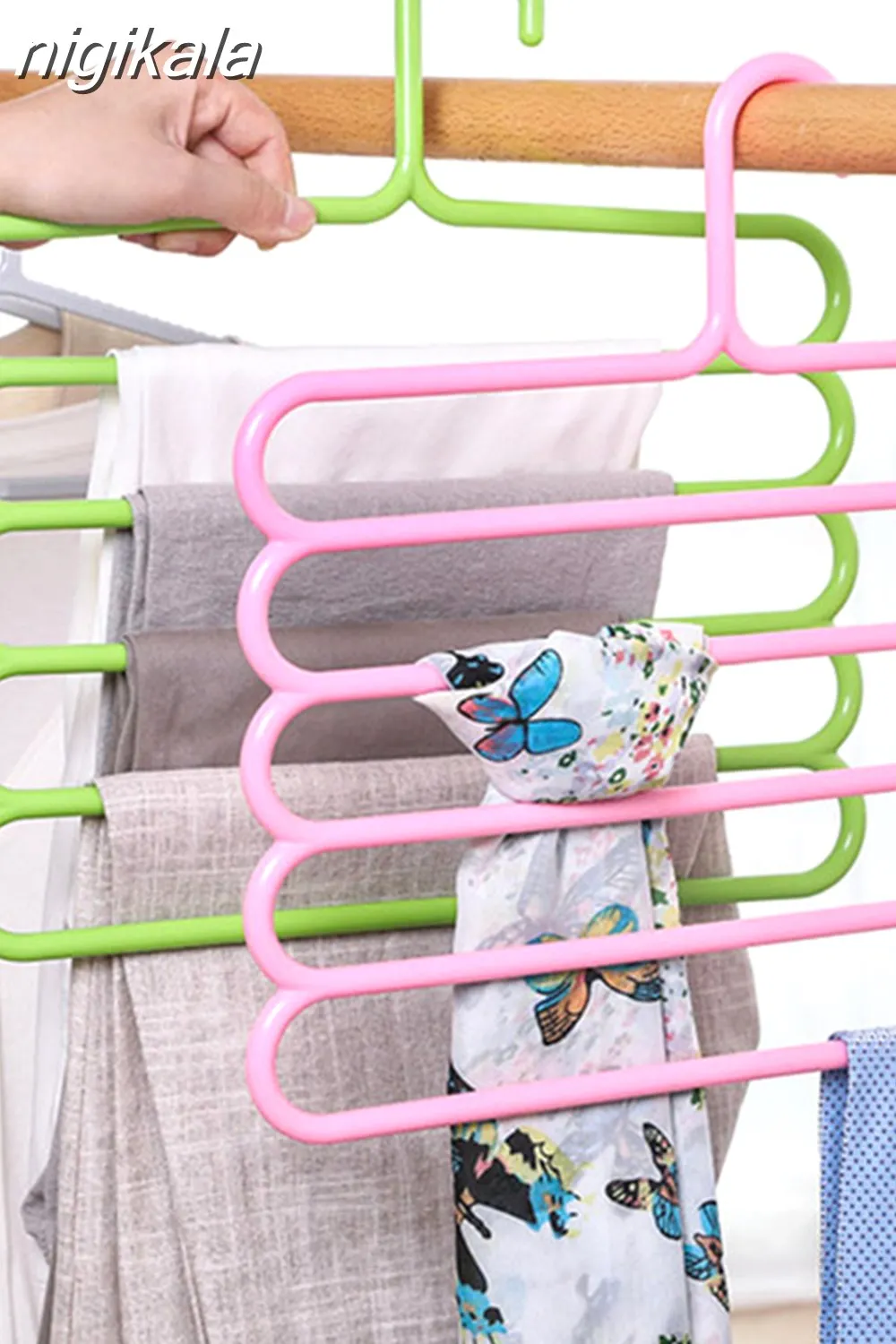nigikala Hanger 5-layer Pants Rack Wardrobe Organizer Storage Rack Tie Scarf Belt Rack Non-slip Space-saving Plastic