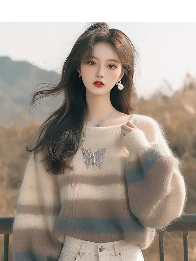 Athvotar Athvotar Fashion Style Sweater Korean Soft-Creative Languid Lazy Super-Good-Looking White Striped Print Sweater
