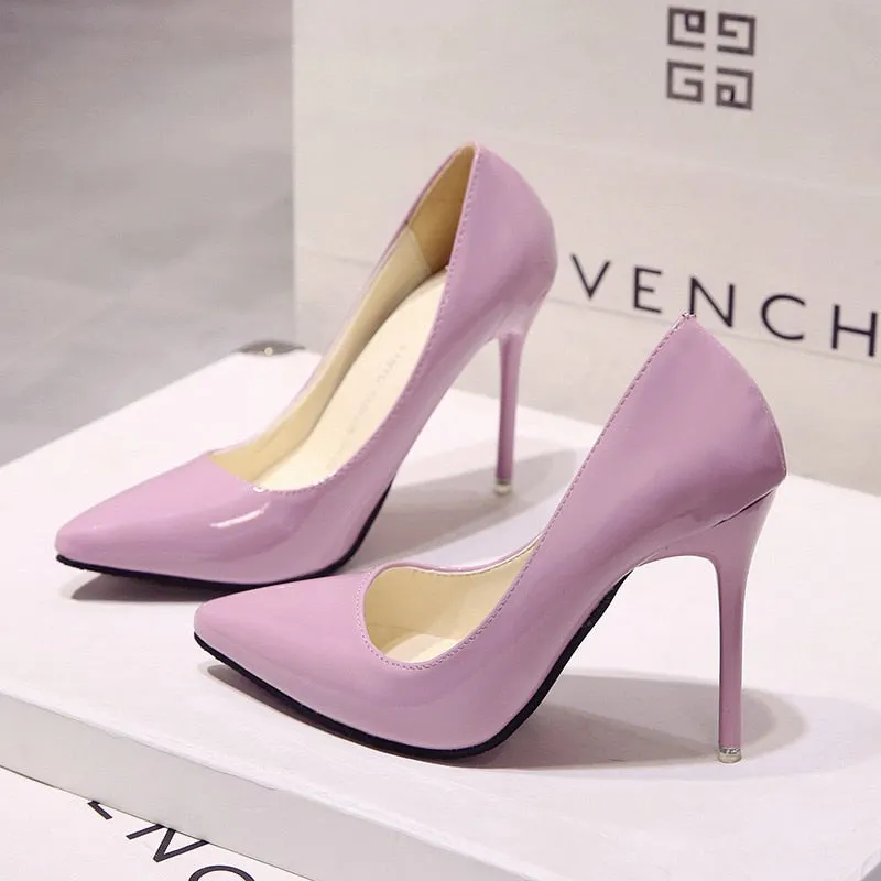 Women Shoes Pointed Toe Pumps Patent Leather Dress High Heels Boat Shoes Wedding Shoes Zapatos Mujer White Blue Red