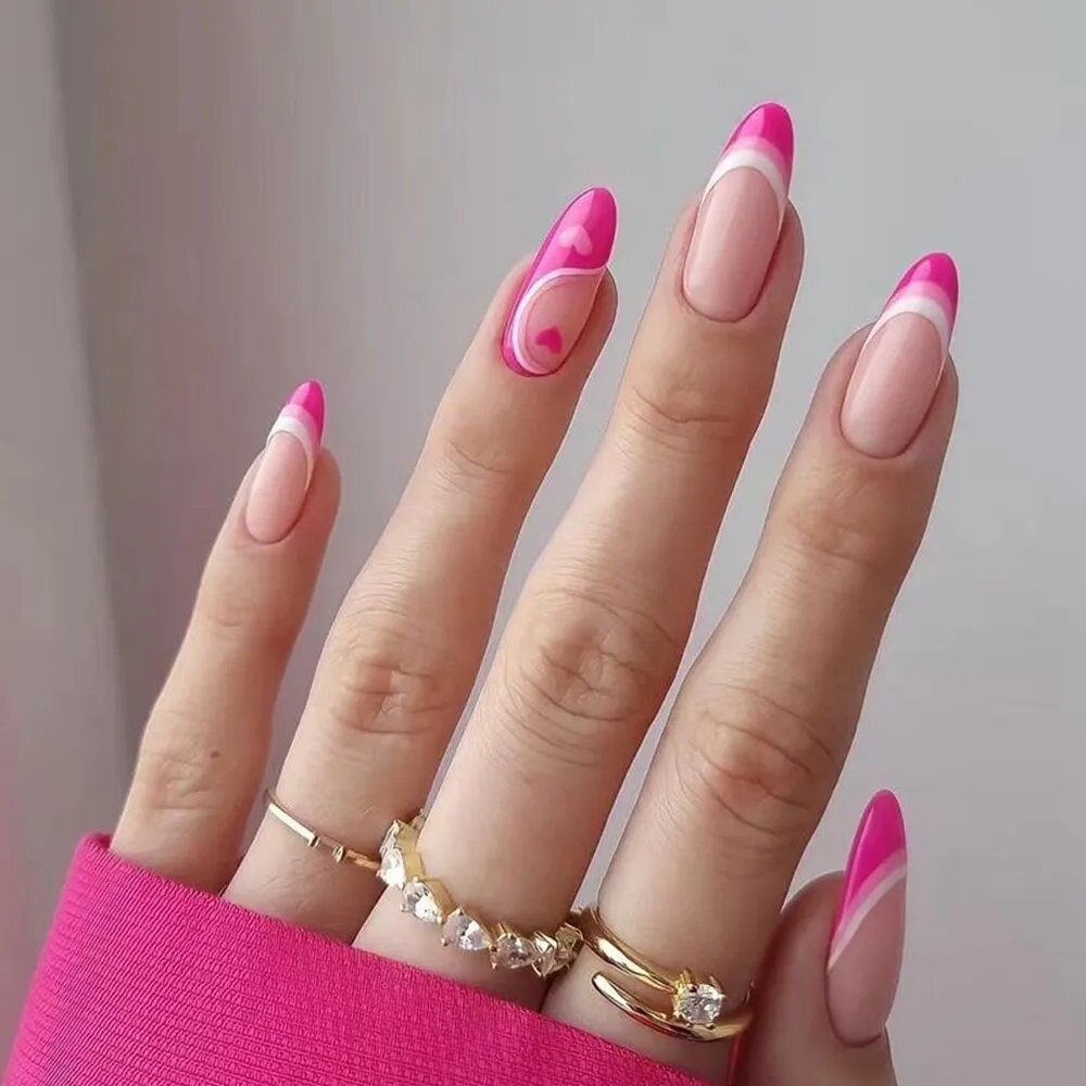 Detachable Almond Round Wavy False Nails Detachable Stiletto Fake Nails Full Cover French Ballerina Nail Tips Press On Nails-Nail Inspo