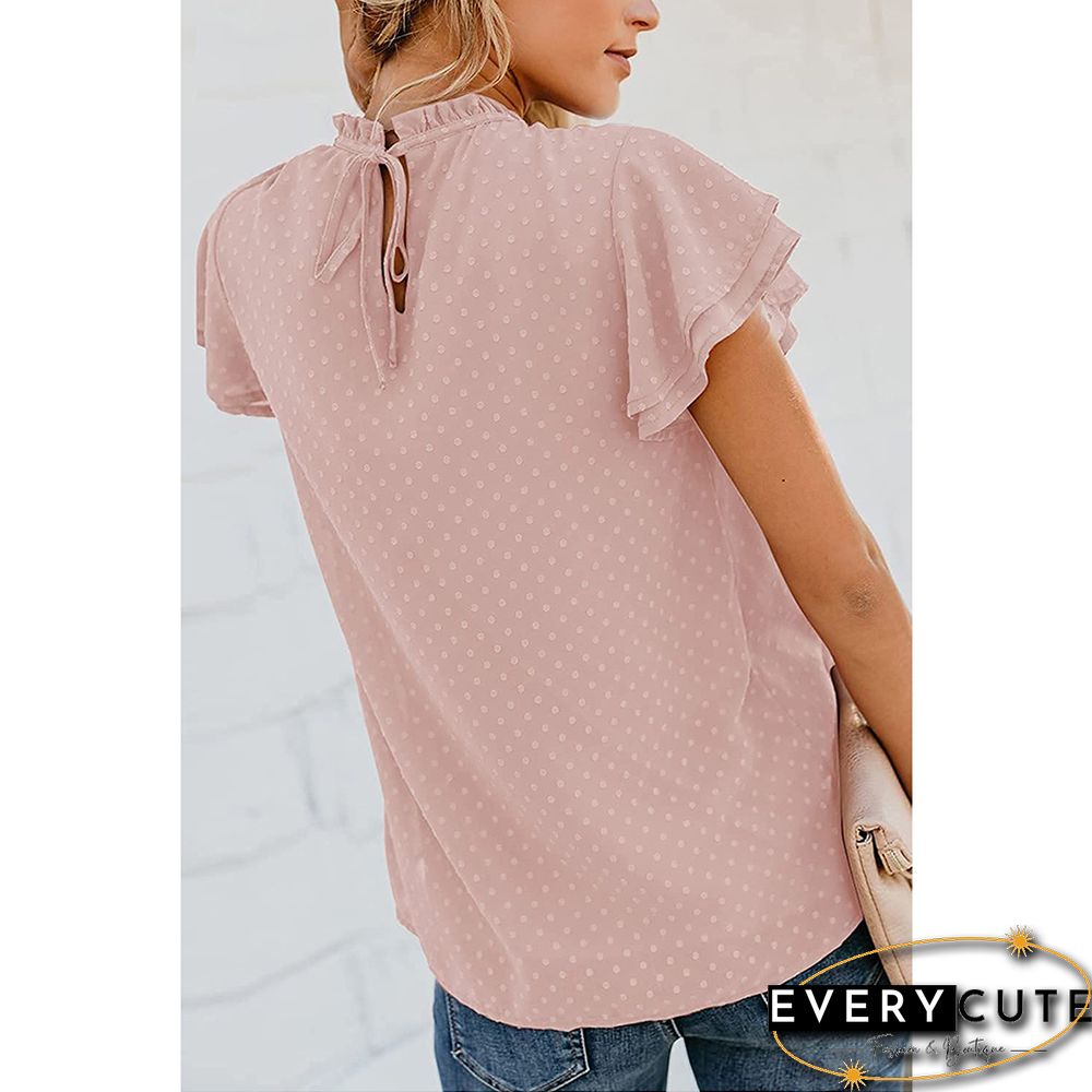 Pink Chiffon Jacquard Ruffle Sleeve Tees