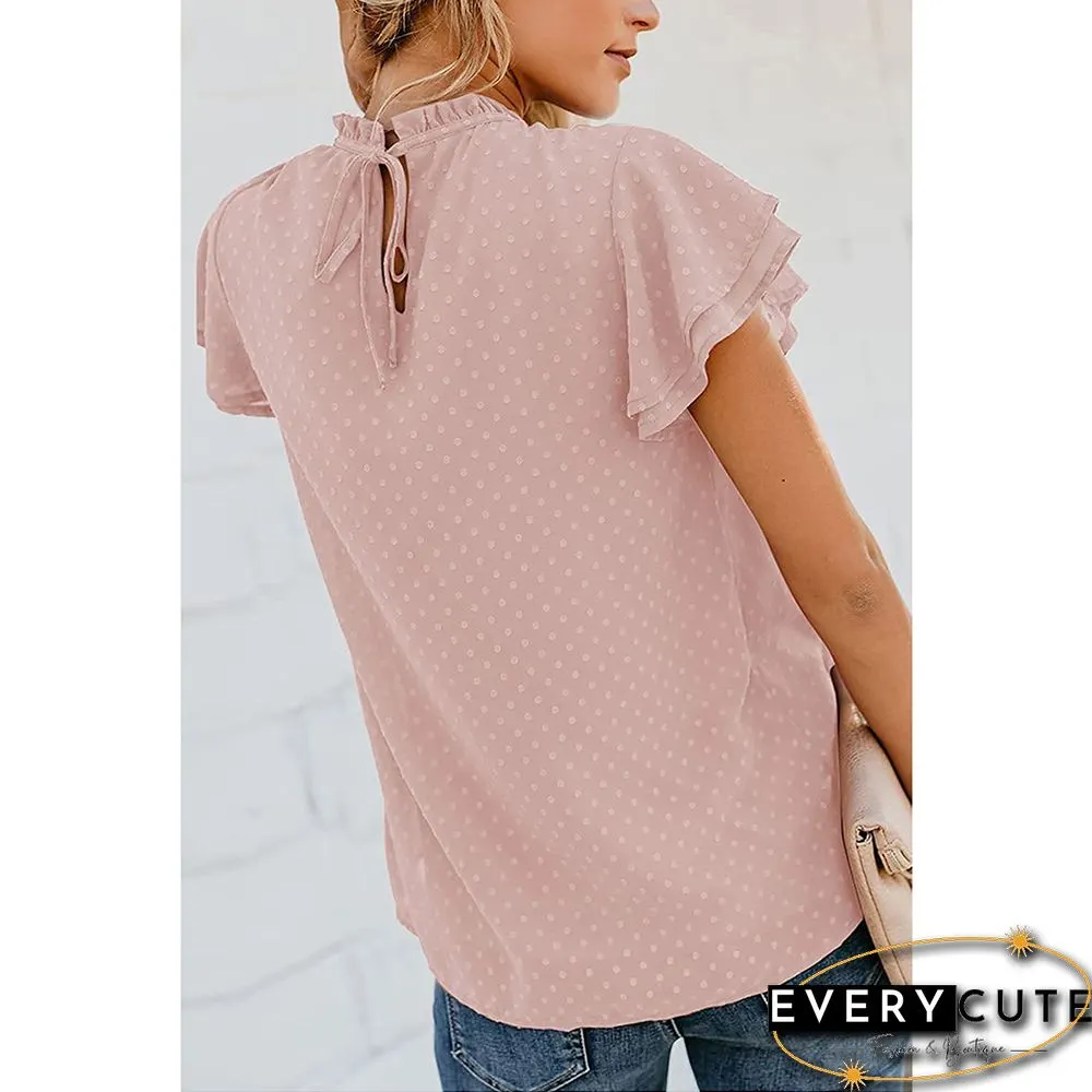Pink Chiffon Jacquard Ruffle Sleeve Tees