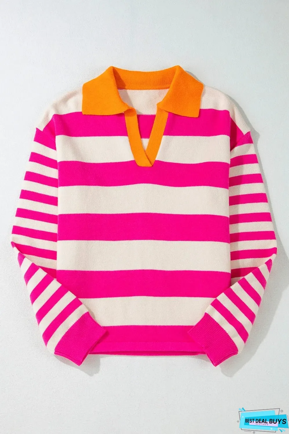 Contrast Stripes Johnny Collar Long Sleeve Sweater