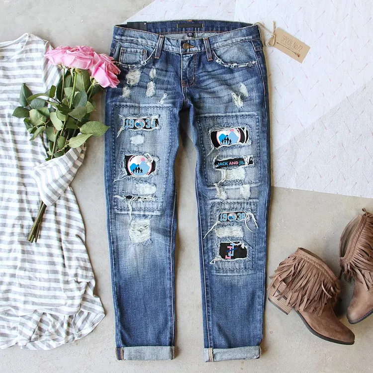 Fashion Retro Ripped Print Jeans