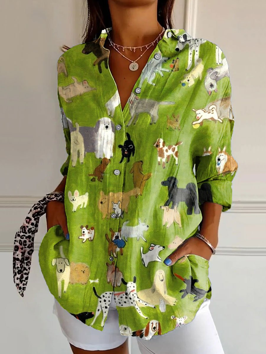 Women's Cute Happy Dog Art Print Casual Cotton Shirt