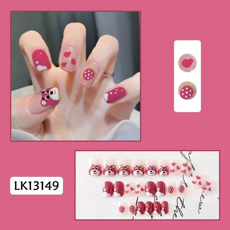 24pcs/box Fake Nails With Glue Yellow Flower Printed Type Short Paragraph Fashion Manicure Press On False Nails Gifts For Girls-Nail Inspo