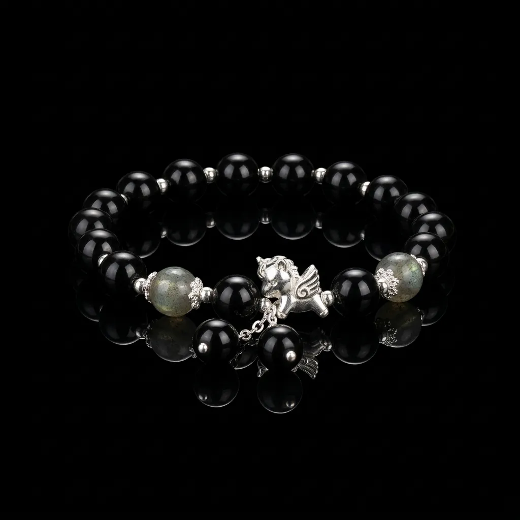 JiStones | The Spirit of the Steed - Natural Obsidian & Labradorite Bracelet with Fine Silver Charm