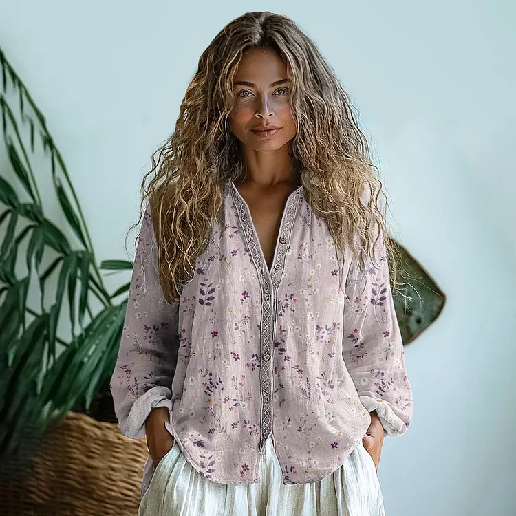 Vintage Wildflowers Floral Art  Linen Print  Long Sleeve Shirt
