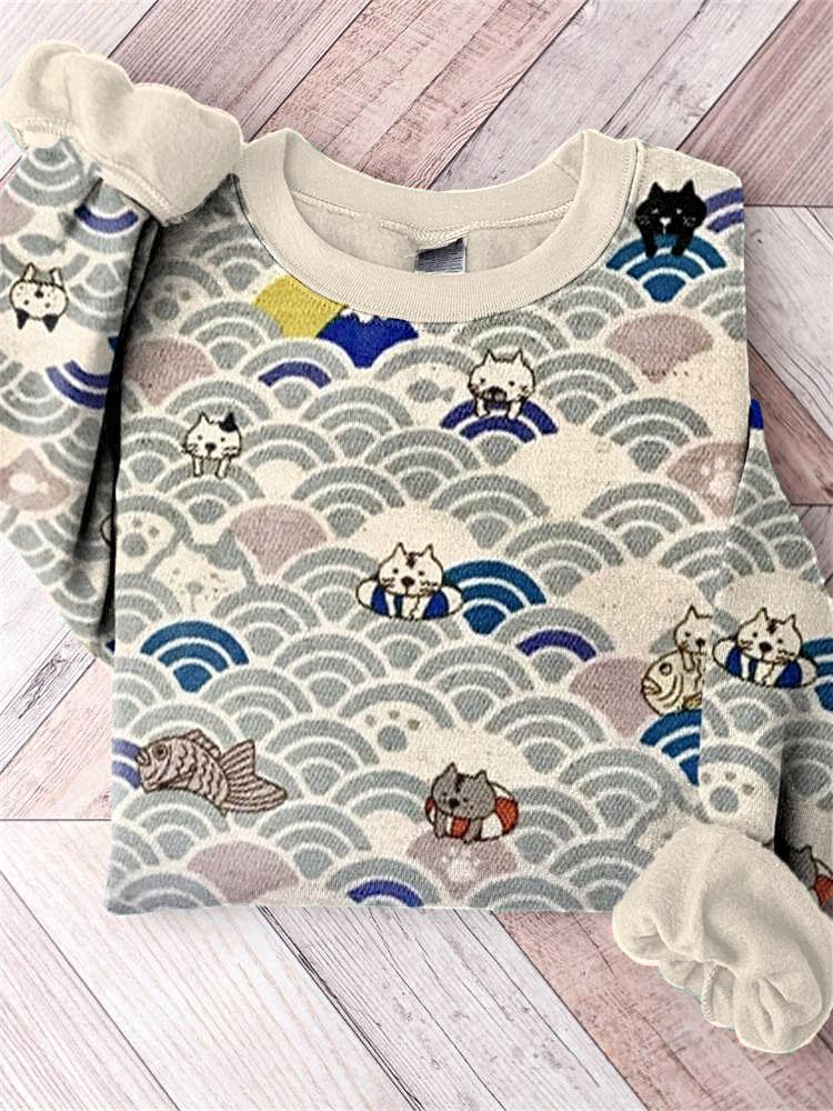 Lucky Cat Traditional Japanese Art Print Cotton Cozy Sweatshirt