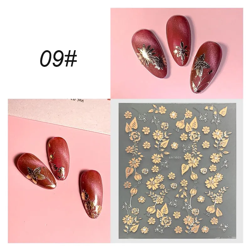3D Flower Lace Nail Stickers iridescent Bronzing Floral Leaf Transfer Stickers For Nails Manicuring Accessories