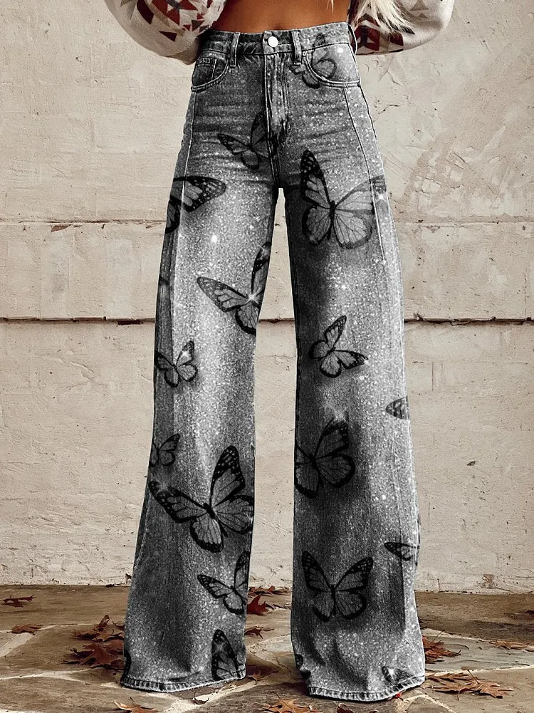 Women's Print Casual Wide Leg Pants Silver-grey Butterfly Print