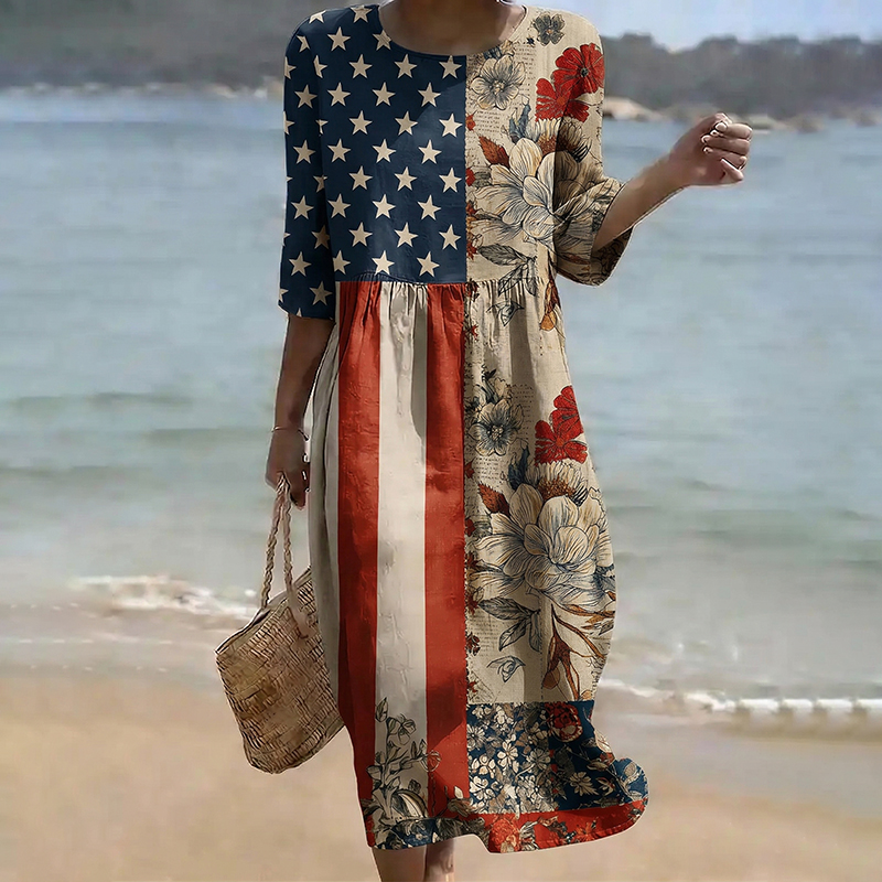Comstylish Women's Vintage Independence Day Flag Flower Art Print Midi Dress