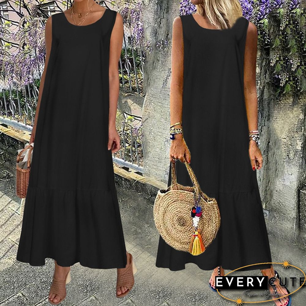 Women Solid Color Sleeveless Swing Long Dress Casual Elegant Loose Party Maxi Dress Plus Size Vestidos