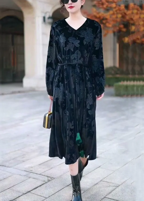 Black Side Open Silk Velour Long Dress V Neck Winter