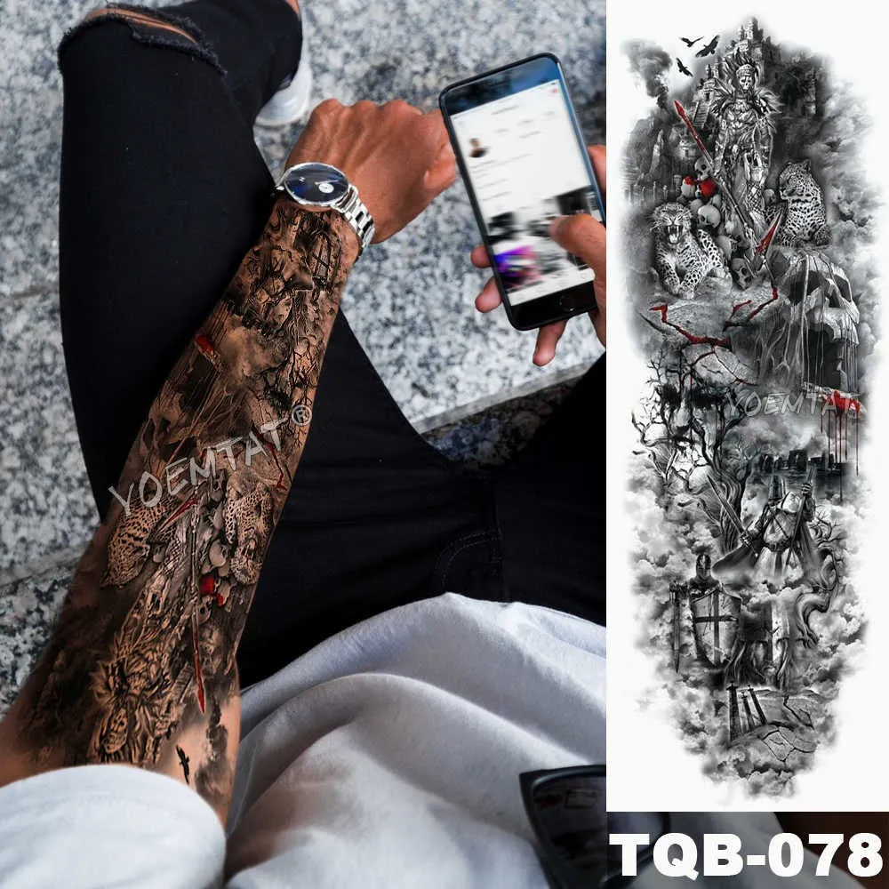 Large Arm Sleeve Tattoo Sketch Lion Tiger Waterproof Temporary Tattoo Sticker Crow Warrior Soldier Men Full Skull Totem Tattoo