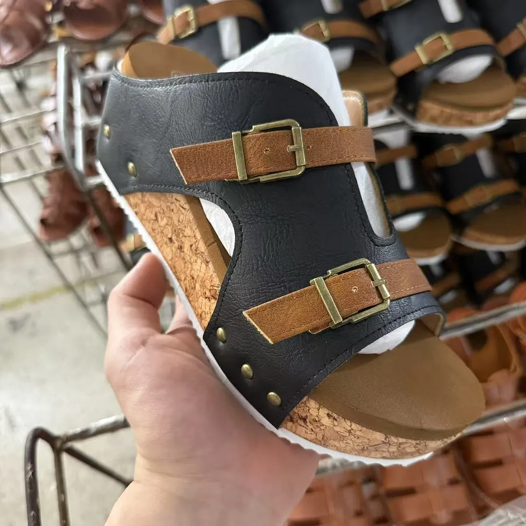 Breakj Breakj Thick Bottom Slope With One Word With Slippers 2025 Summer New Buckle With Light Soaked Beach Toe Women's Shoes