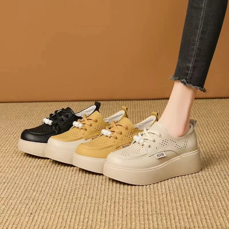 Churchf Spring And Summer New Korean Version Fashion Round Head Deep Mouth Thick Front Lace Hole Casual Single Shoes Women